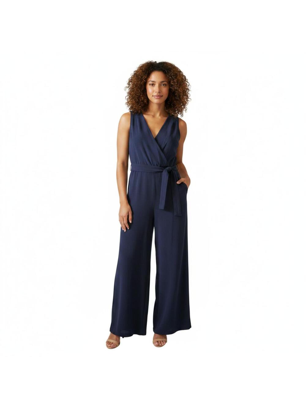LOFT Outlet Navy Blue Sleeveless Wide Leg Jumpsuit with Belt Size Small